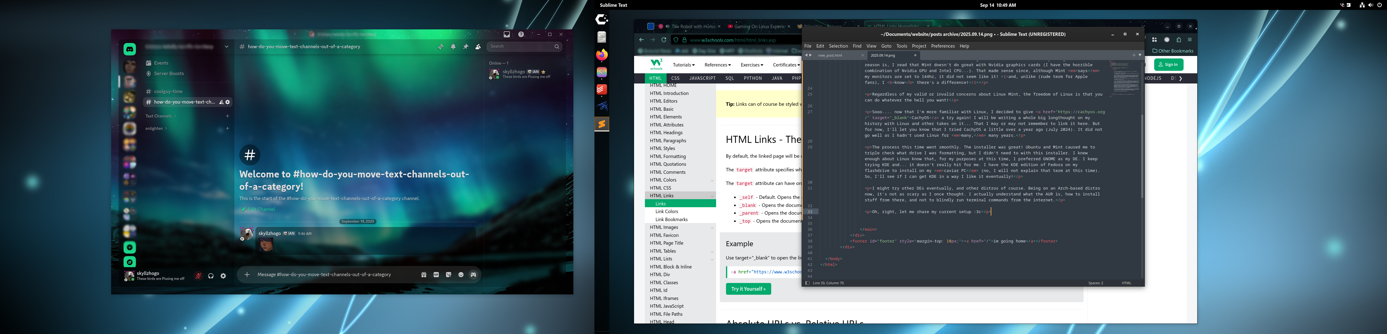 screenshot of two monitor desktop with blue frutiger aero style wallpaper. left monitor has discord clone vesktop. right monitor has sublime text program with the html of this blog post and w3schools page about html links behind it.